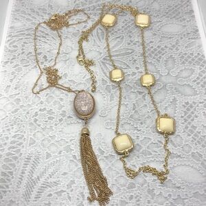 𝅺Bundle lot 2 gold tone long faux gemstones chain necklaces trendy layered look